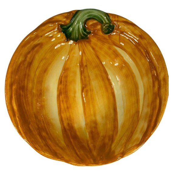 Pumpkin Dish 5" Snack Bowl Made in Italy Set of 2 Handpainted Orange Green Stem - Picture 2 of 7